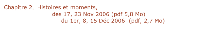 Chapitre 2,  Histoires et moments,
§1,2,3,  leçons 5,6  des 17, 23 Nov 2006 (pdf 5,8 Mo)
§ 4,5,6,7, leçons 7,8,9  du 1er, 8, 15 Déc 2006  (pdf, 2,7 Mo)